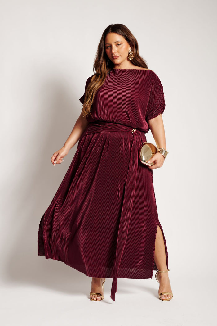 Gena Off Shoulder Maxi Dress in Wine Plisse | St Frock Gena Off Shoulder Maxi Dress in Wine Plisse | St Frock