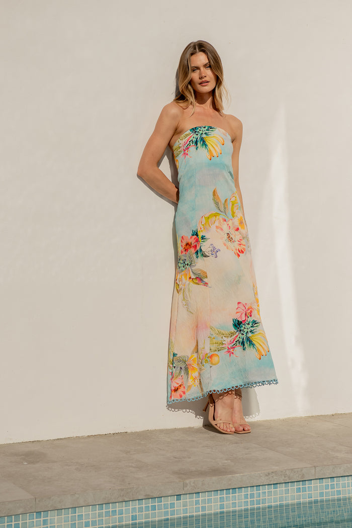 Summer Sky Maxi Dress in Multi Tropical Floral Print campaign full length