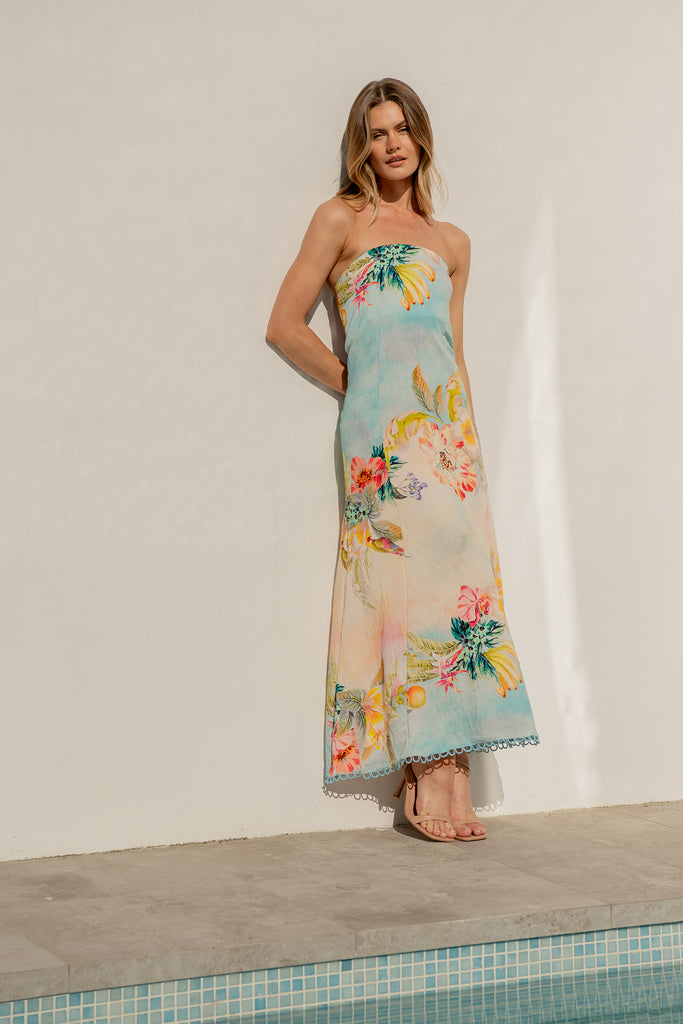 Summer Sky Maxi Dress in Multi Tropical Floral Print campaign full length