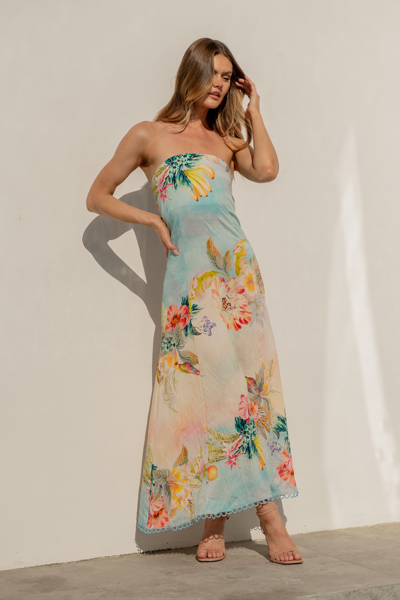Summer Sky Maxi Dress in Multi Tropical Floral Print campaign full length