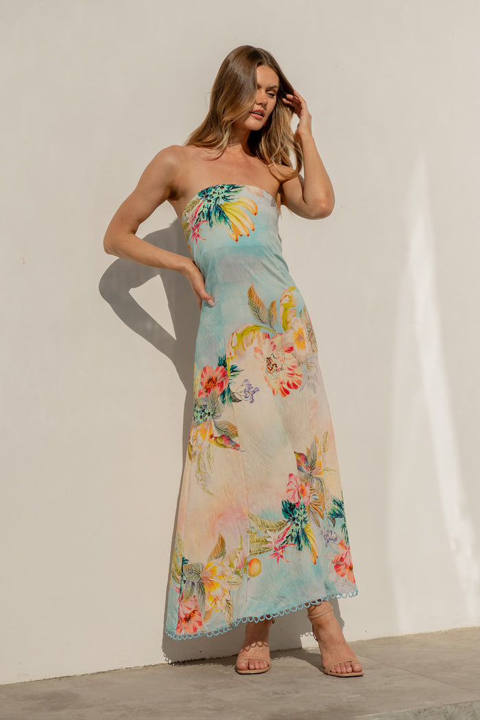 Summer Sky Maxi Dress in Multi Tropical Floral Print campaign full length