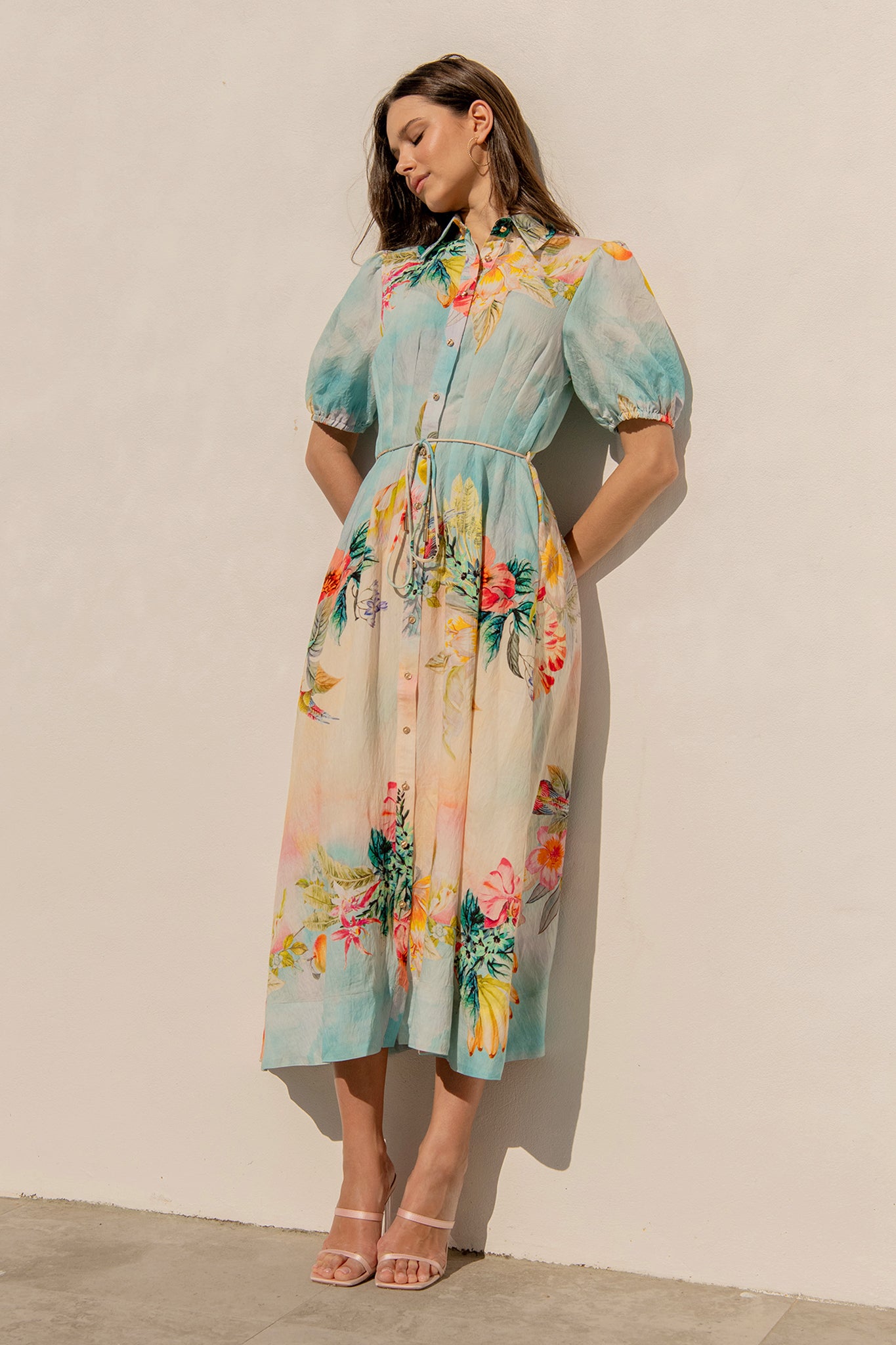 Sundrop Midi Shirt Dress in Multi Tropical Floral Print campaign full length