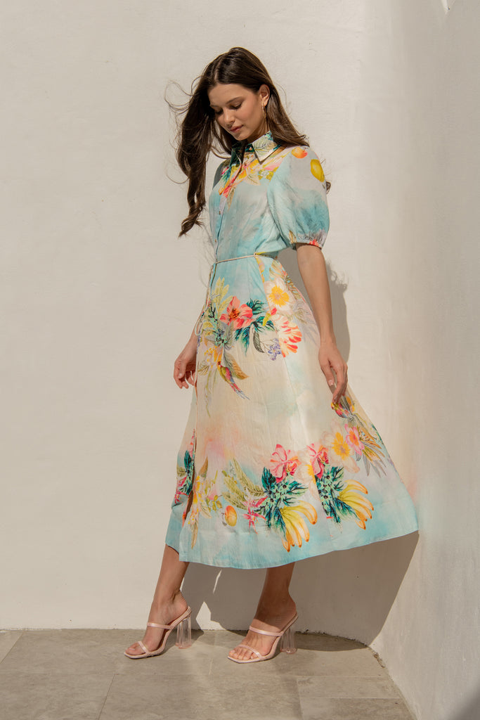 Sundrop Midi Shirt Dress in Multi Tropical Floral Print campaign side
