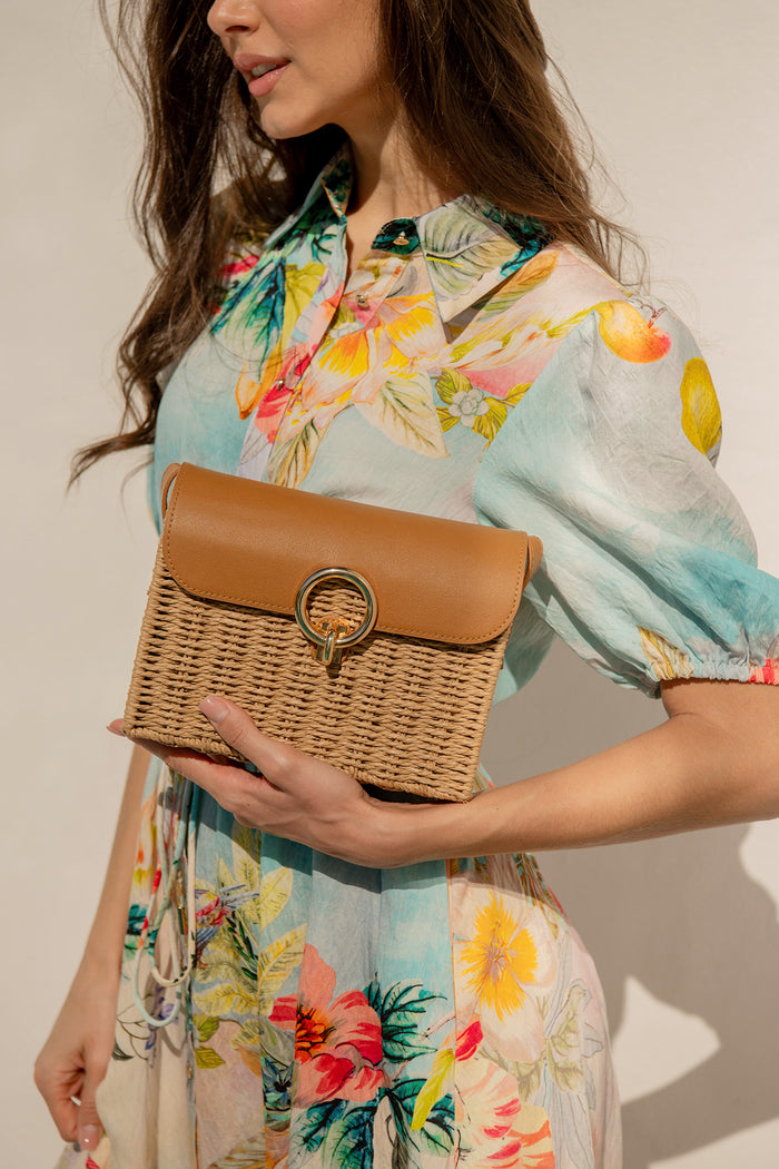 Amalfi Crossbody Bag in Natural with Tan Contrast campaign on model side