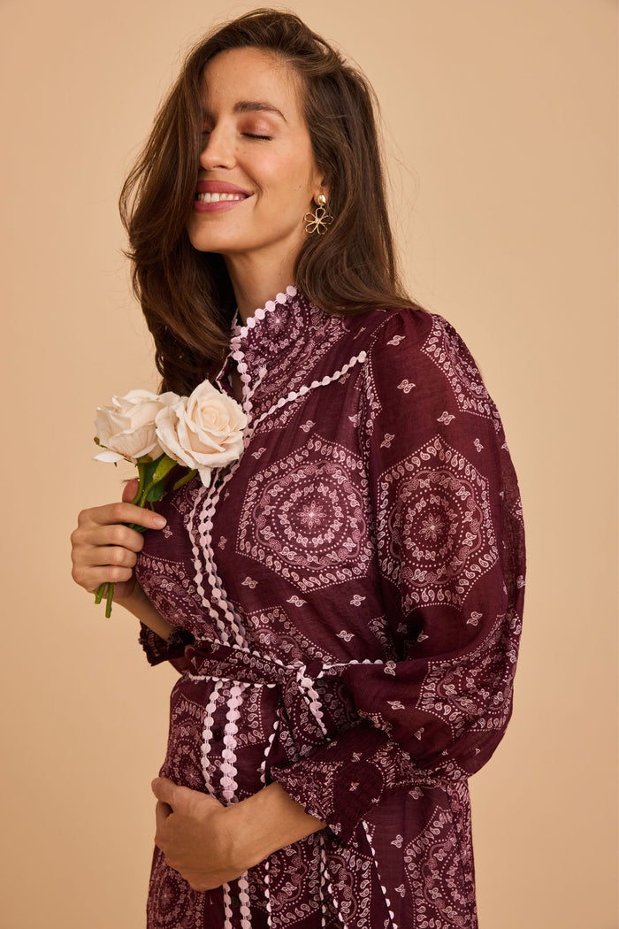 Malhia Shirt Dress in Wine Tile Print Cotton Blend focus front