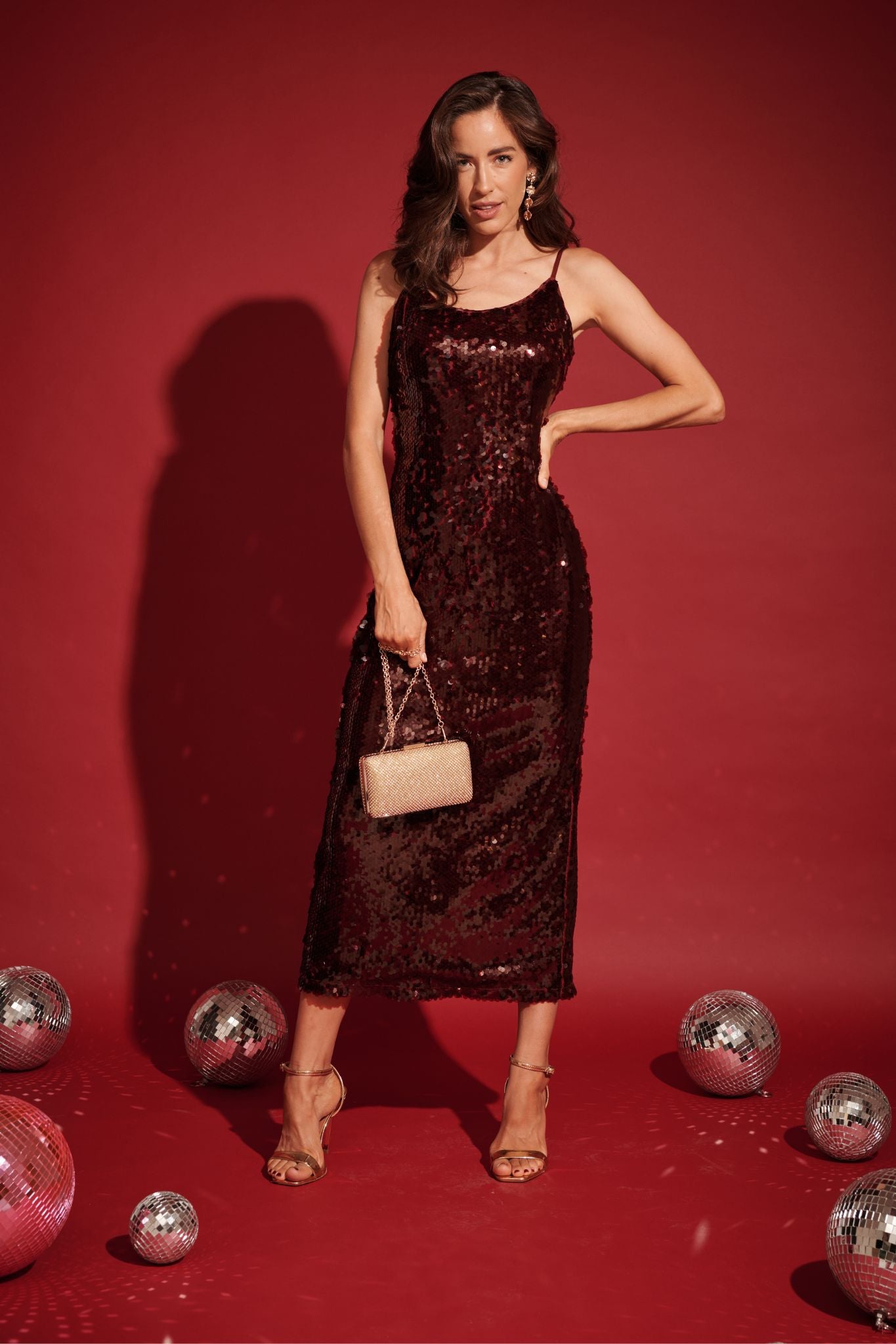 Out Till Dawn Midi Dress in Wine Sequin focus shoot full length