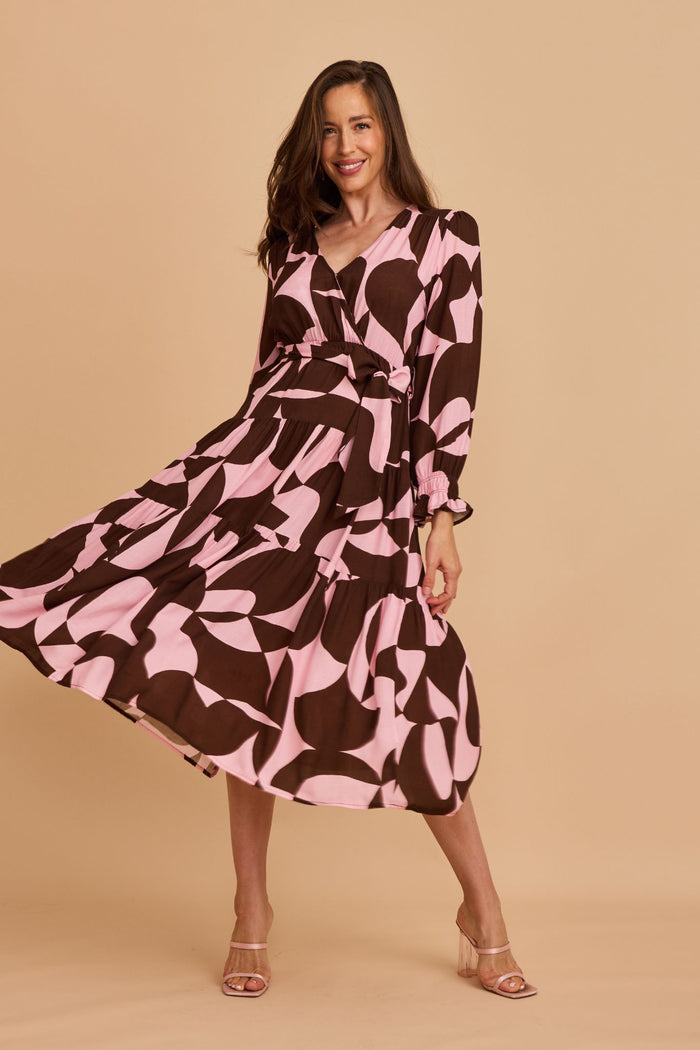 Dominique Maxi Dress in Pink with Chocolate Geometric focus full length