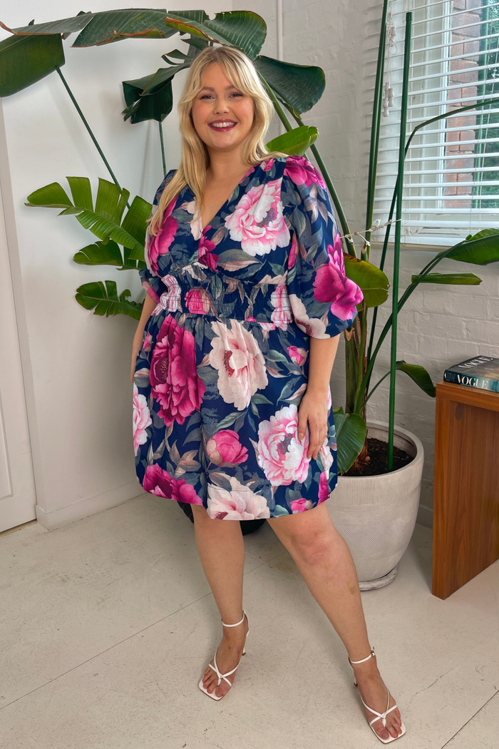 Shimmer Dress in Navy with Pink Floral Linen Blend ugc