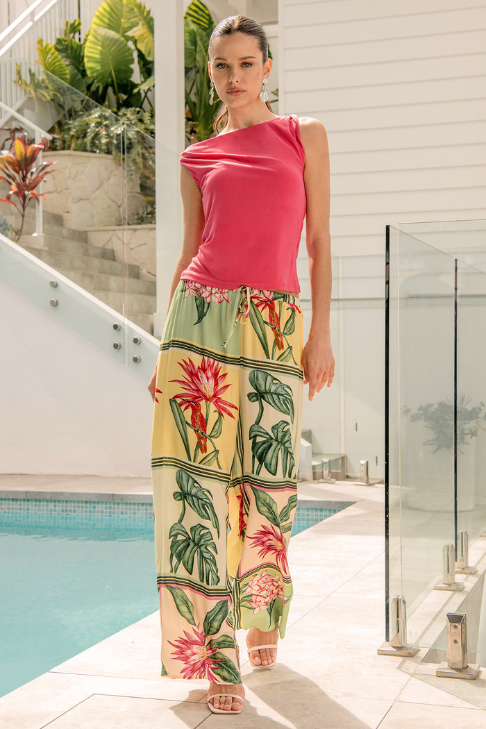 Floral Haze Pant in Yellow Multi Tile Print campaign full length
