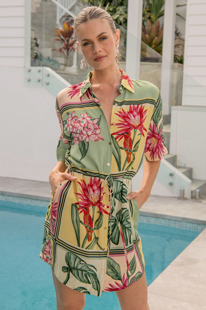 Sunrise Shirt Dress in in Yellow Multi Tile Print campaign full length