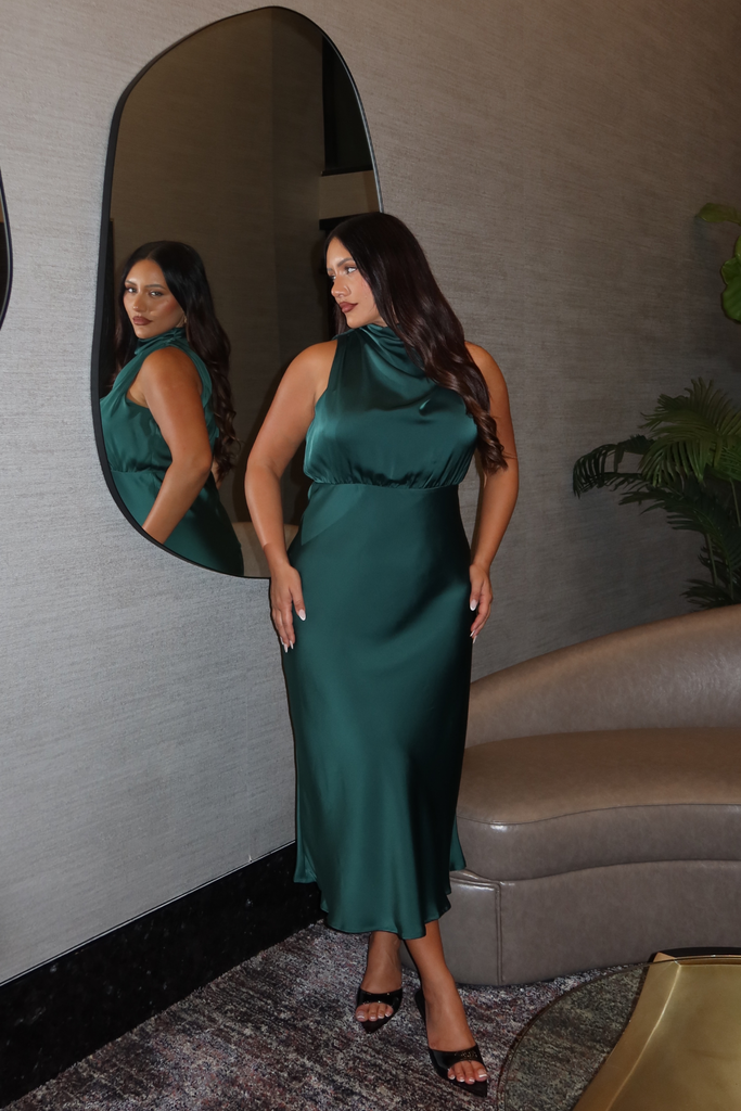 Vision of Love Midi Dress in Emerald Satin ugc