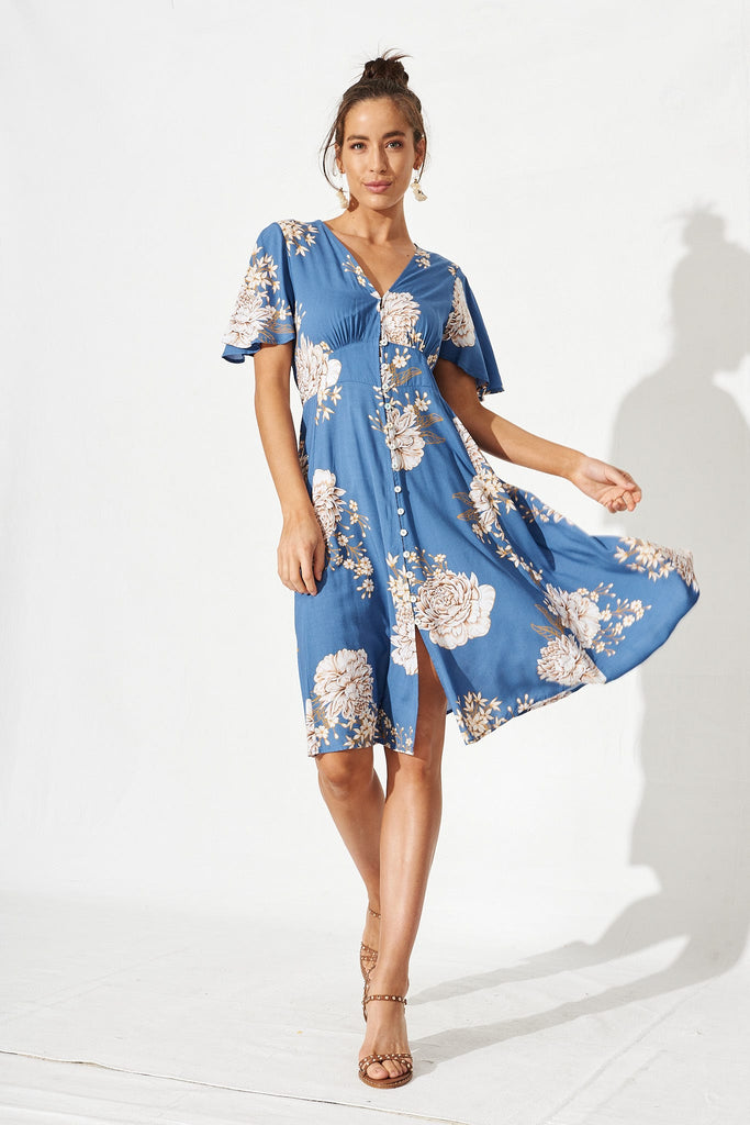 Kirana Midi Dress In Blue With White Floral