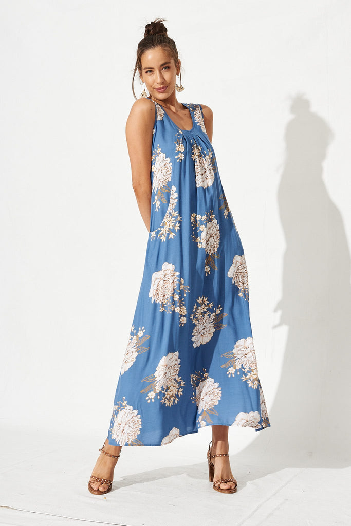 Leo Maxi Dress In Blue With White Floral