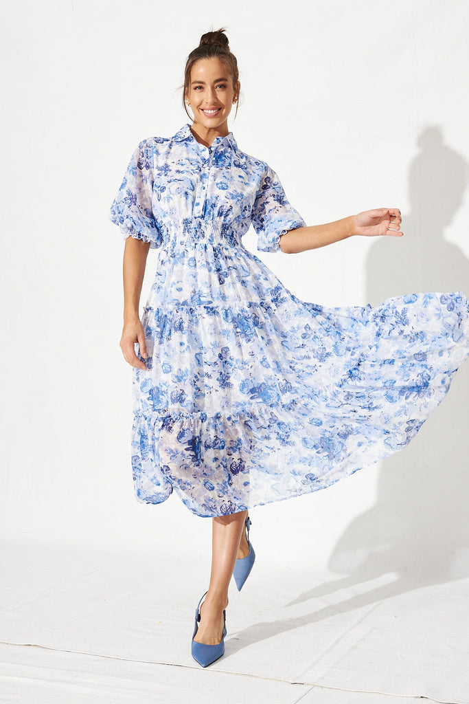 Brittney Midi Dress In White With Blue Floral Chiffon