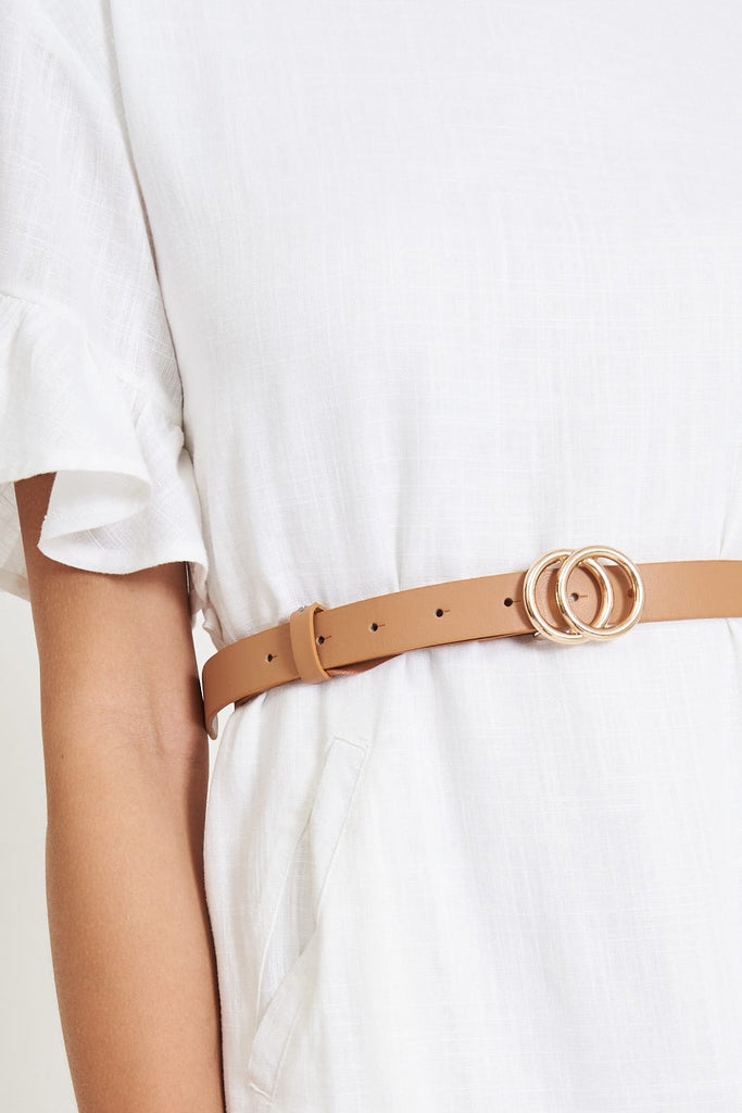 august + delilah Brooklyn Belt in Tan with Double Gold Ring Buckle
