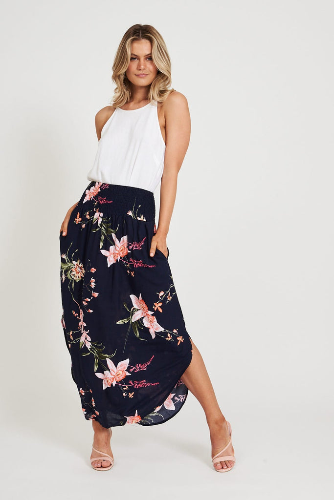 Roadtrip Skirt in Navy with Apricot Floral