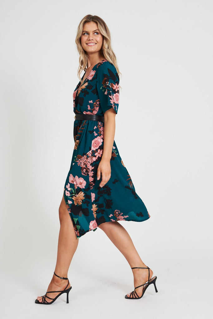 Helena Dress in Green with Apricot Floral