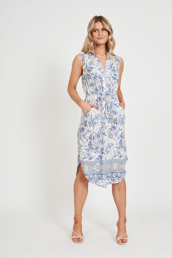 Shire Dress in White with Blue Boho Floral