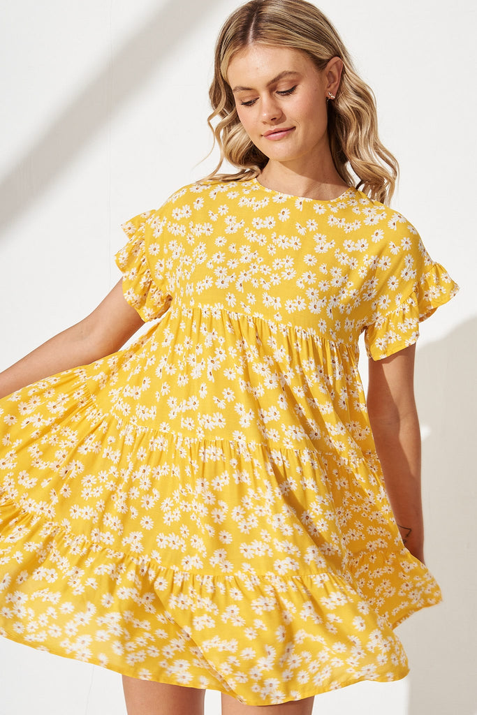 Chiswick Dress in Yellow with White Floral Cotton