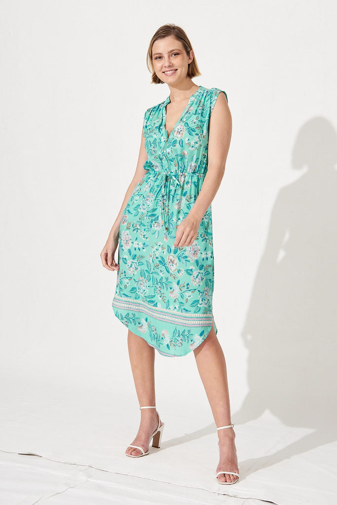 Shire Dress in Green with Blue Boho Floral