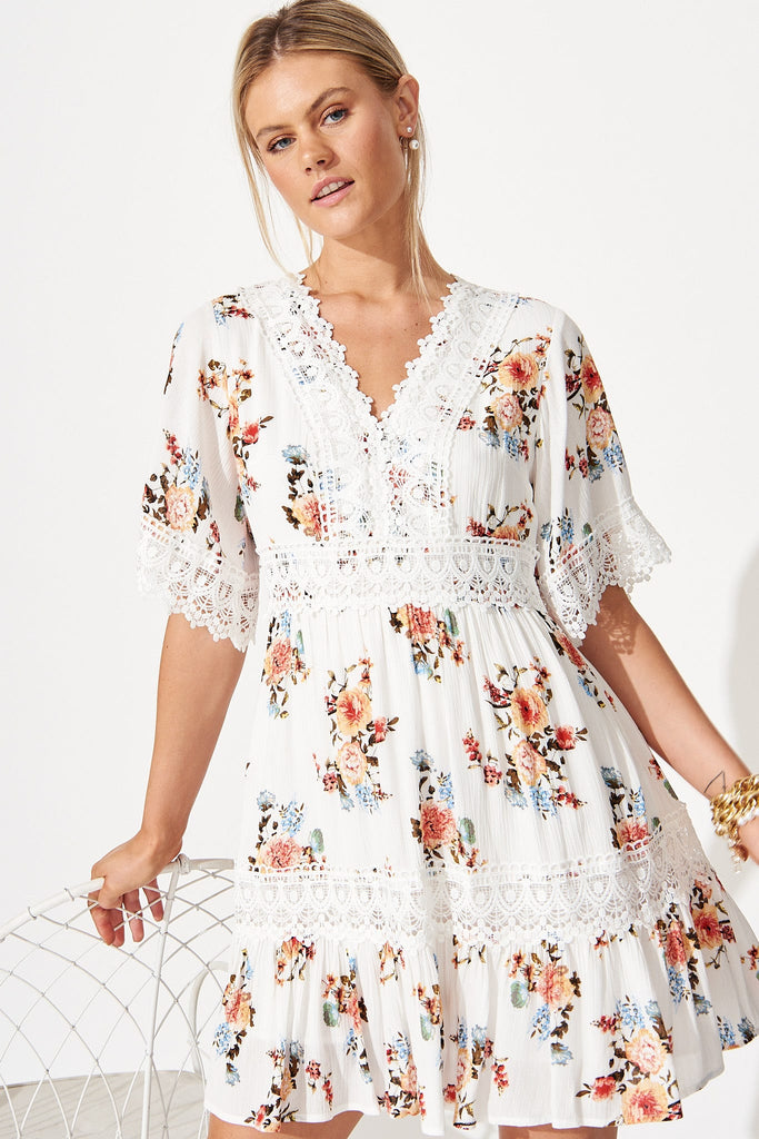 Macca Dress In White With Pink Floral