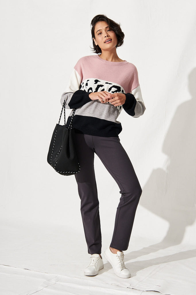 Lotte Colourblock Knit in Dusty Pink Grey and Leopard
