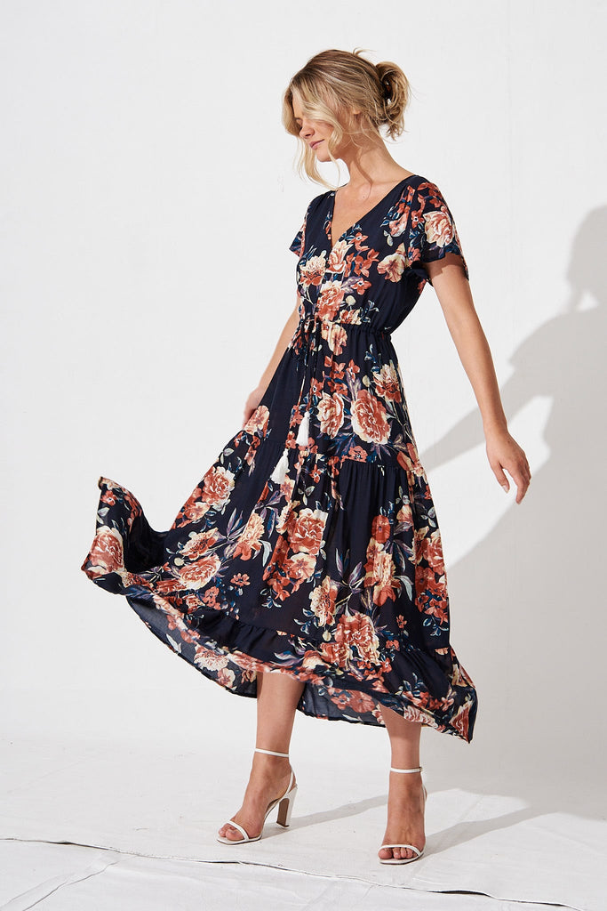 Elxi Maxi Dress in Navy with Rust Floral