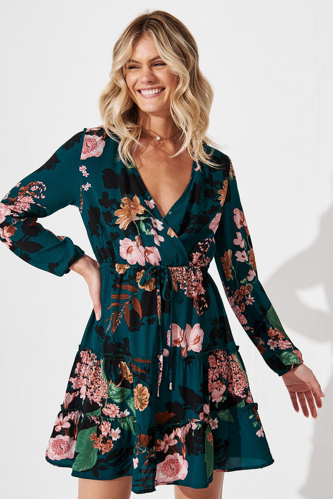 Chachi Mock Wrap Dress in Green with Apricot Floral