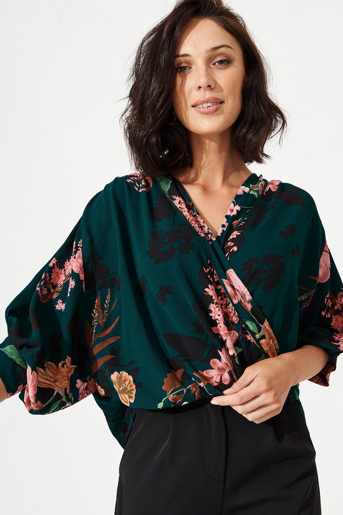 Marliboo Mock Wrap Top in Green with Apricot Floral