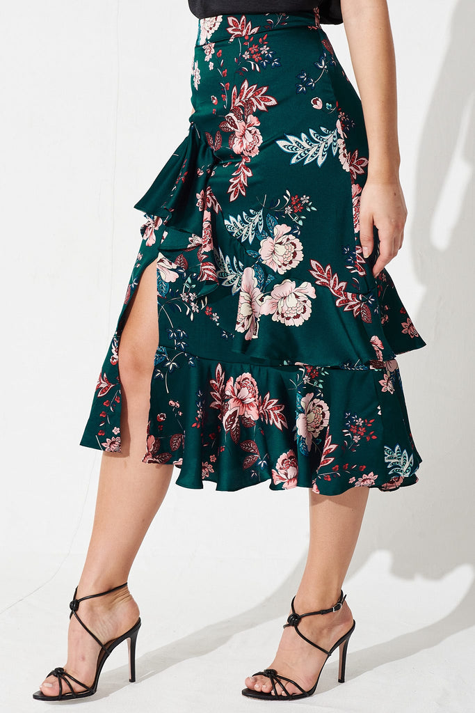 Liah Ruffle Skirt in Green with Blush Floral