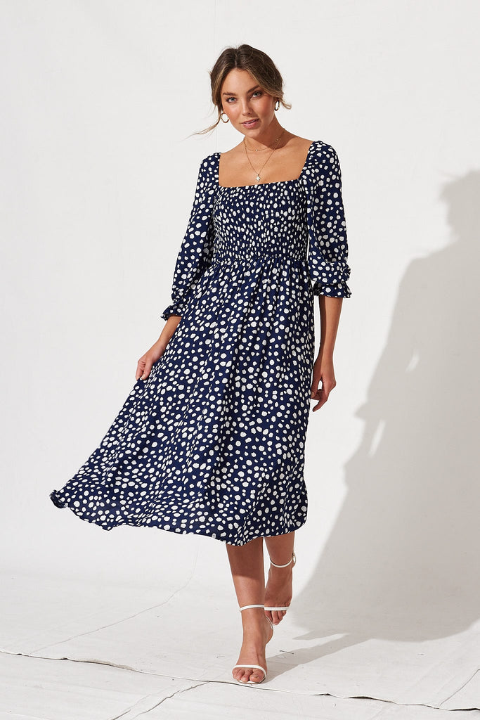 Gregorya Midi Dress in Navy with White Speckle