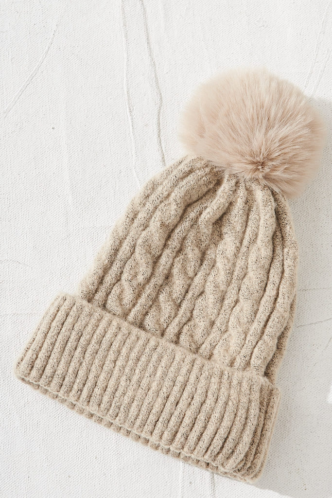august + delilah Trace Knit Beanie In Beige with Pom Pom - flatlay