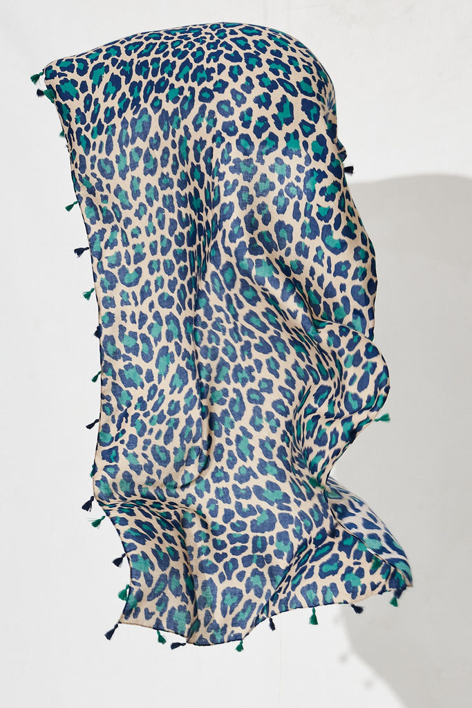 Wild Side Scarf In Beige With Green And Blue Leopard Print