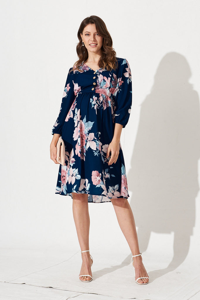 Carolyn Dress In Navy And Pink Floral - full length