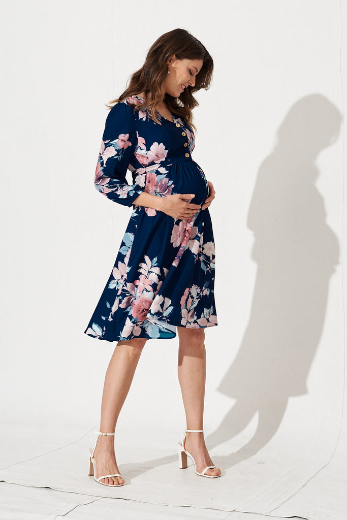 Carolyn Dress In Navy And Pink Floral - side