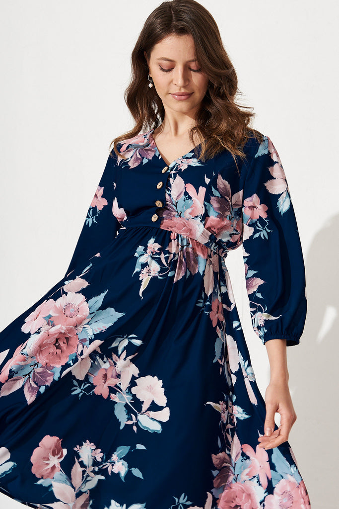 Carolyn Dress In Navy And Pink Floral - front