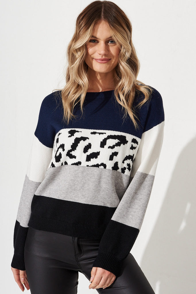 Lotte Colourblock Knit in Navy Grey and Leopard Print