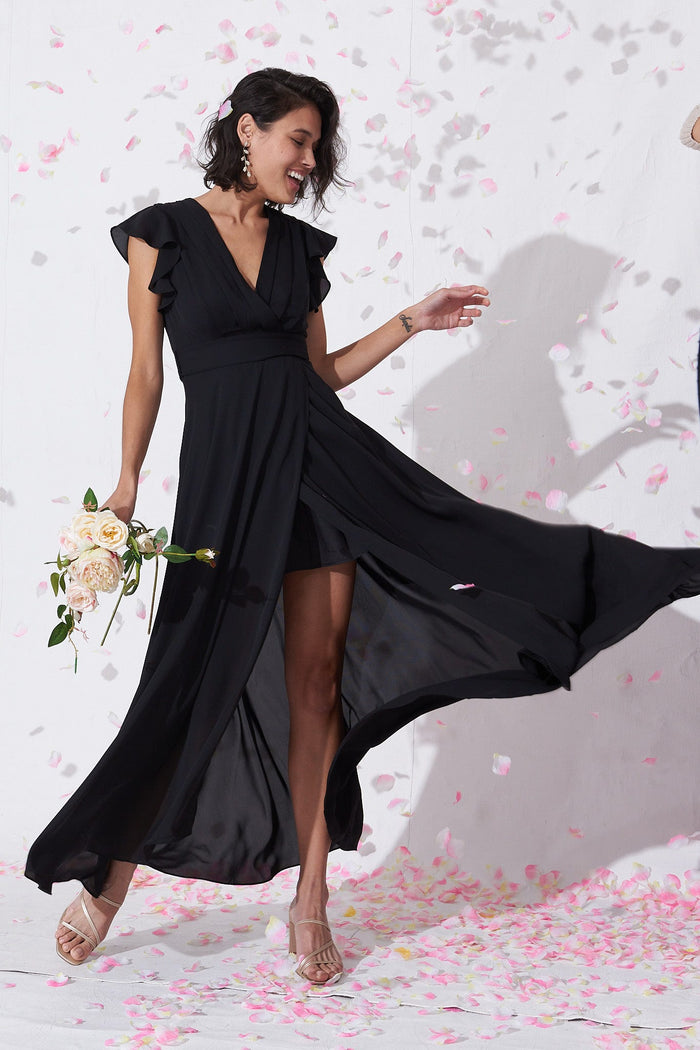 Wynter Chiffon Dress | Elegant Black Flutter Sleeve Maxi St Frock Wynter Chiffon Dress | Elegant Black Flutter Sleeve Maxi St Frock