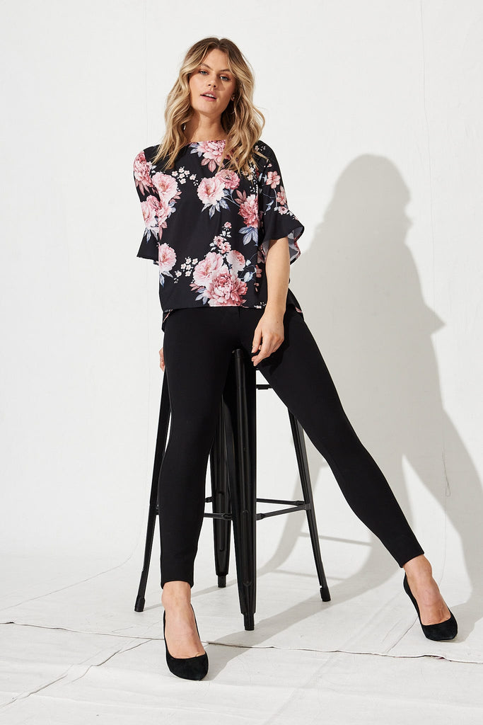 Nila Top in Black with Pink Floral