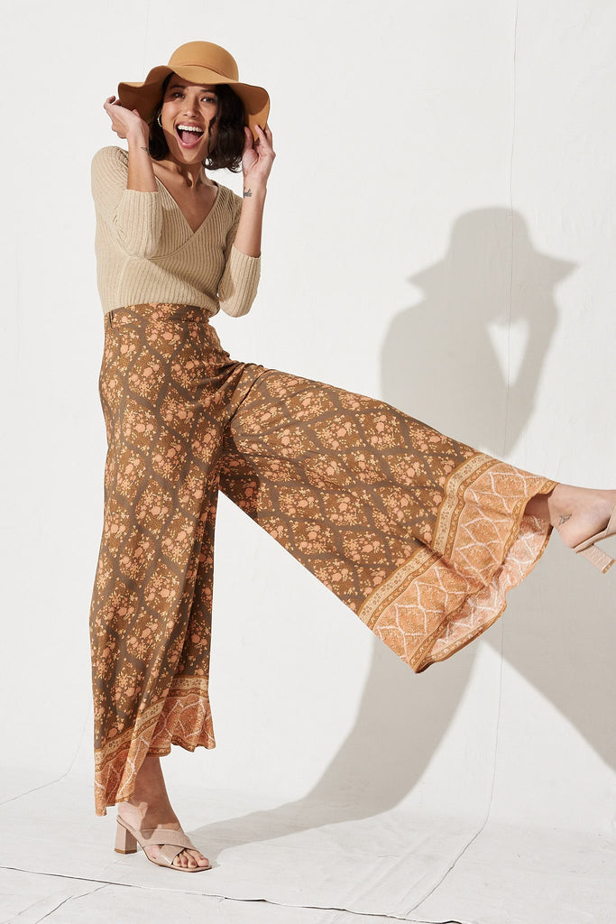 Miki Pants in Brown with Rust Boho Prints