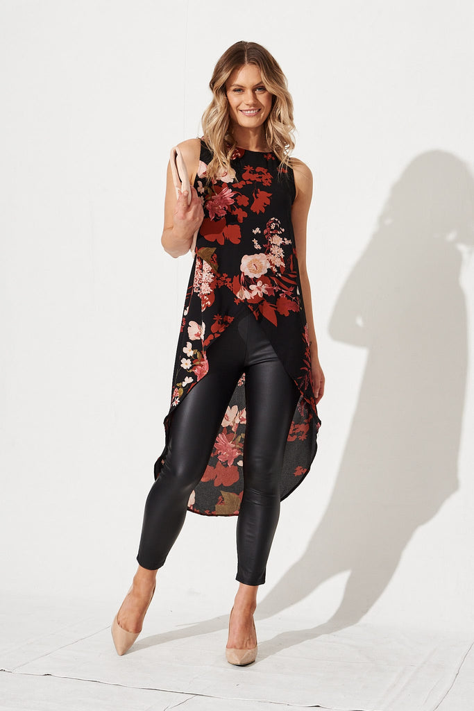 Tessa Top in Black with Wine and Blush Floral
