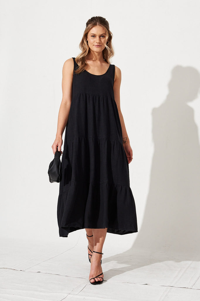 Cherith Midi Dress In Black Linen