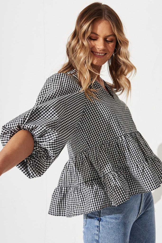 Talena Top In Black And White Gingham Cotton