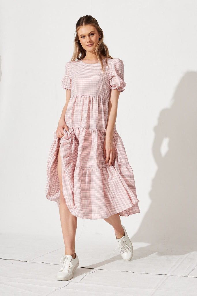 Nevi Tiered Midi Dress in Pink Gingham