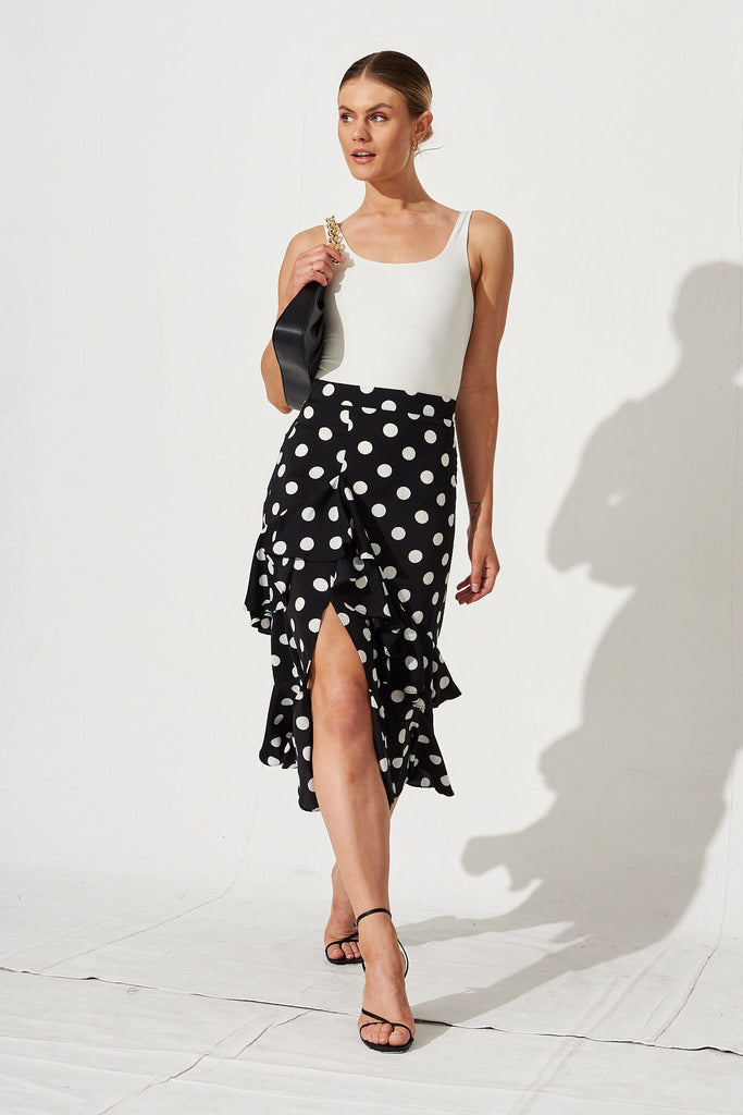 Liah Ruffle Skirt in Black Polka Dot Satin