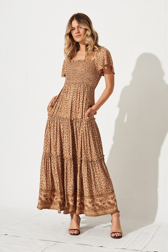 Annabeth Maxi Dress in Beige with Brown Leopard Print