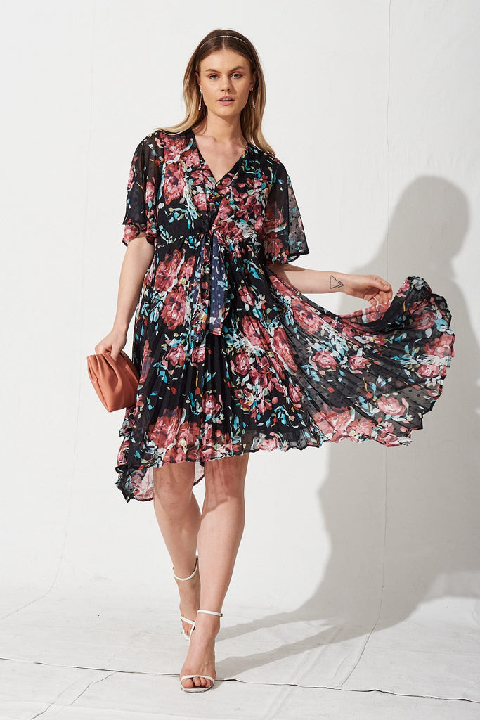 Blakely Dress in Charcoal with Multi Floral Chiffon