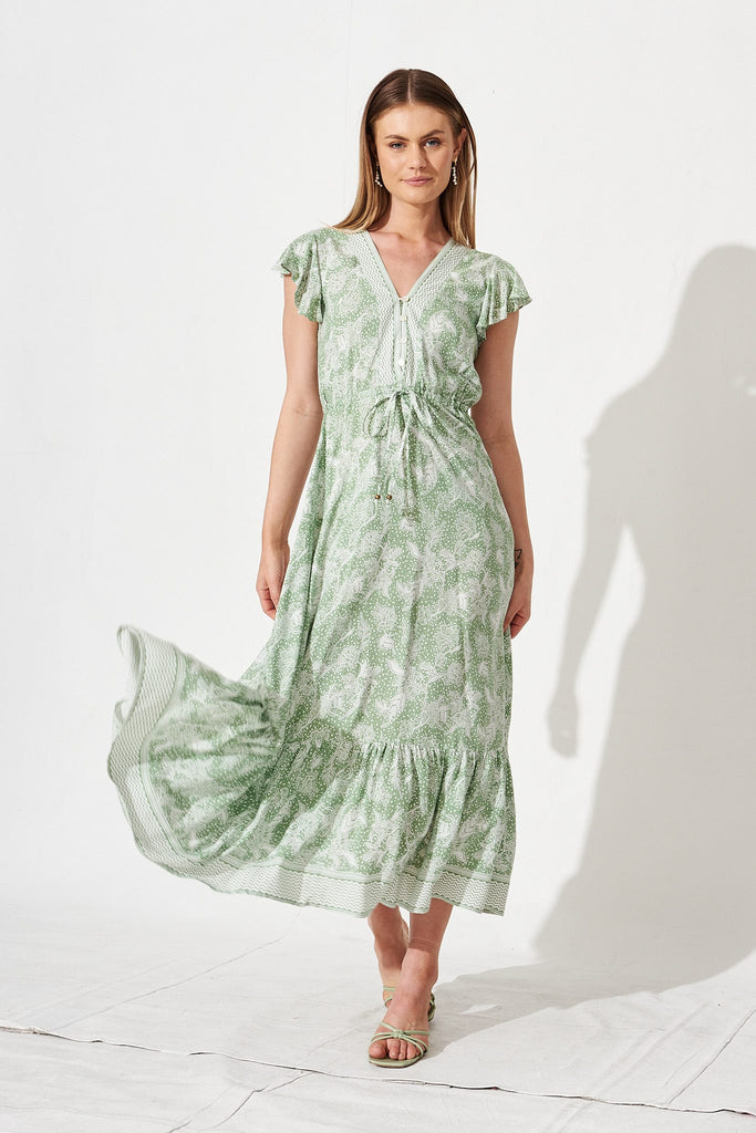 Vanser Maxi Dress in Green with White Boho Floral