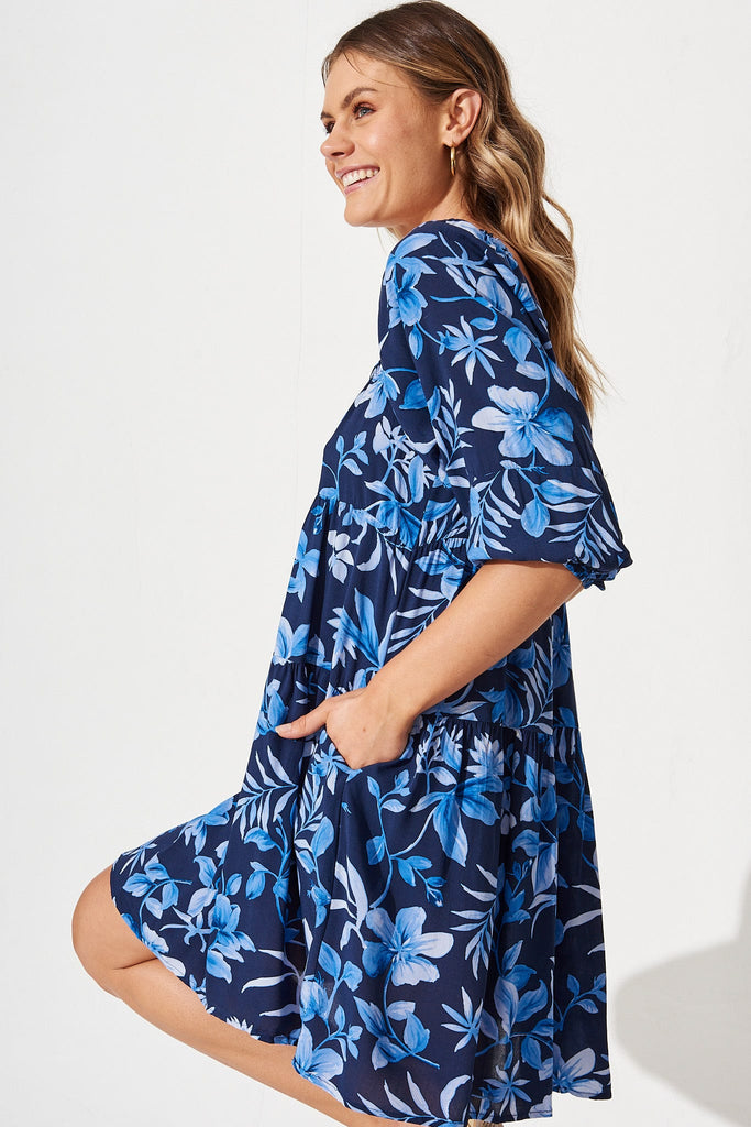 Tyra Smock Dress in Navy with Blue Floral