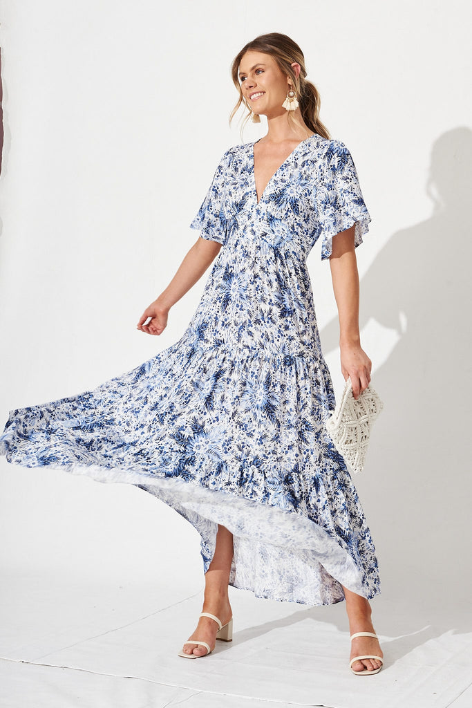 Caitlyn Maxi Dress in Blue Tropical Print
